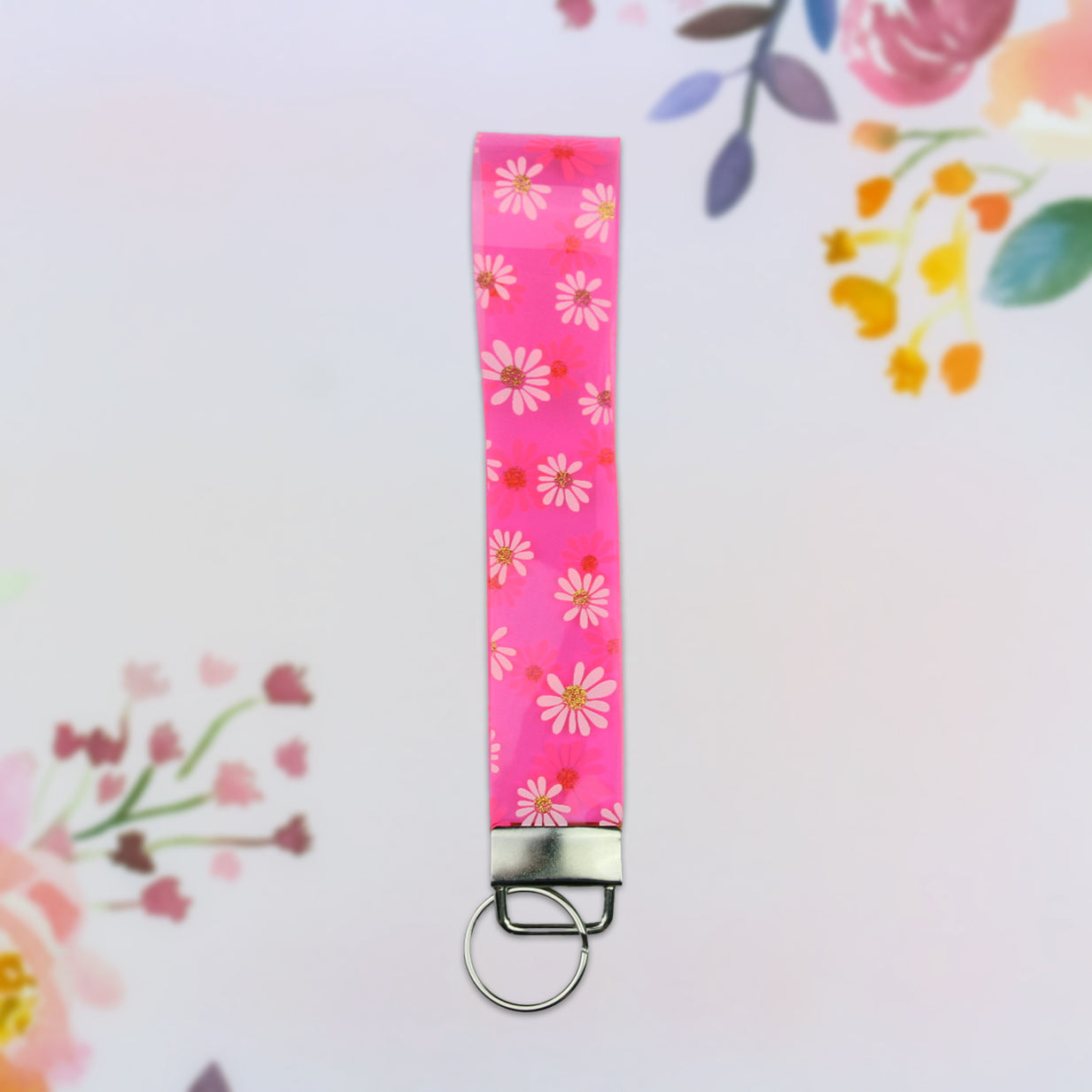 Clear Neon Pink Daisies Wristlet Keychain