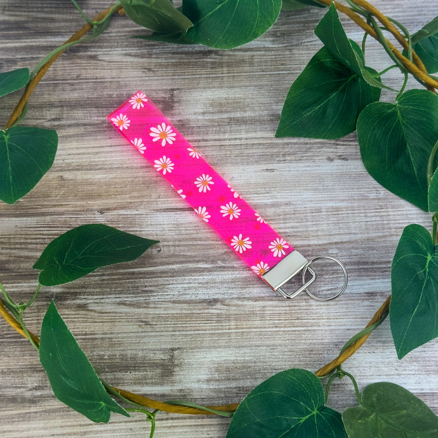 Clear Neon Pink Daisies Wristlet Keychain