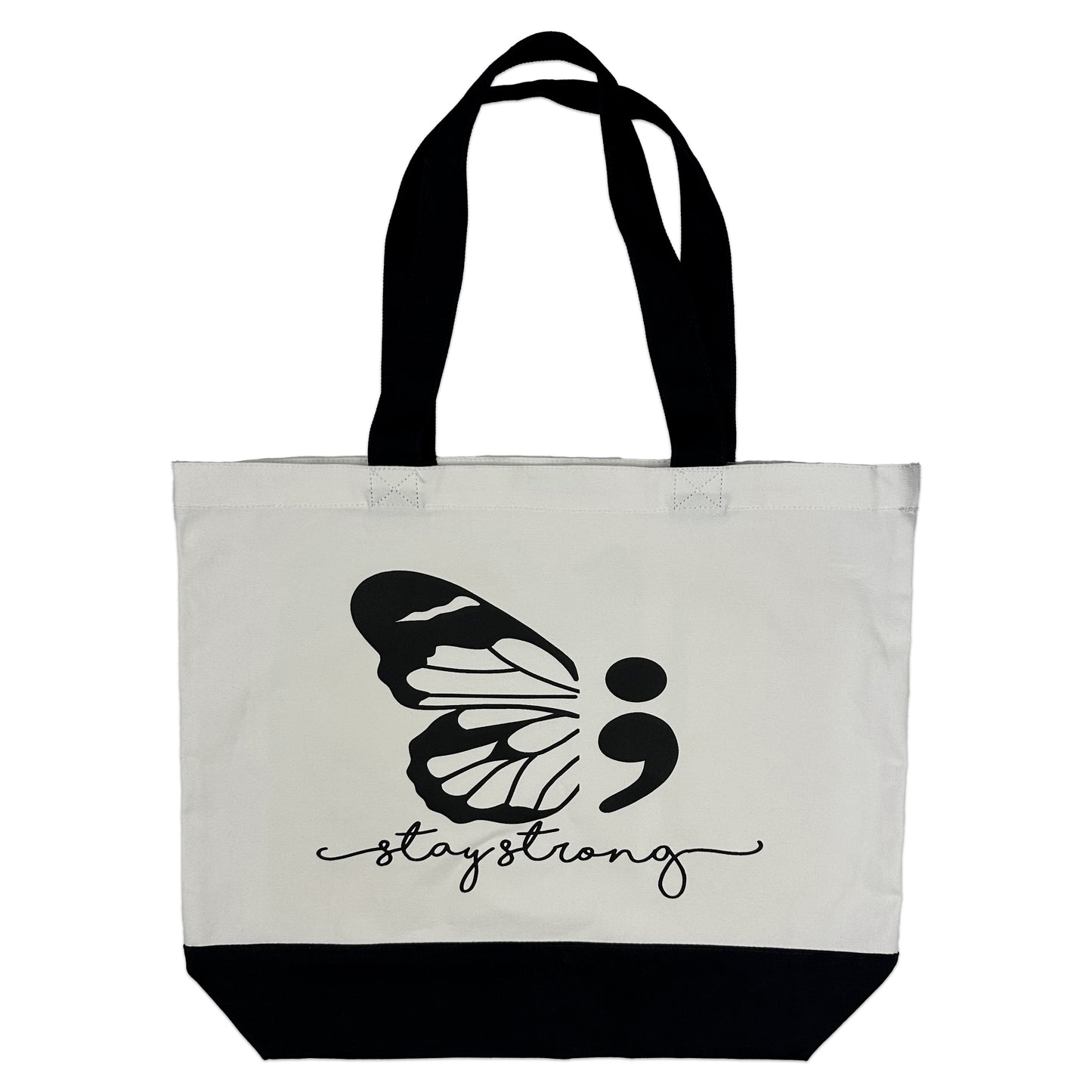 The Stay Strong Butterfly Tote Bag is made from sustainable cotton canvas, showcasing a semicolon that transforms into a butterfly wing. It features sturdy black handles and the phrase "stay strong" in elegant lettering, making it a chic tribute to suicide prevention and resilience.